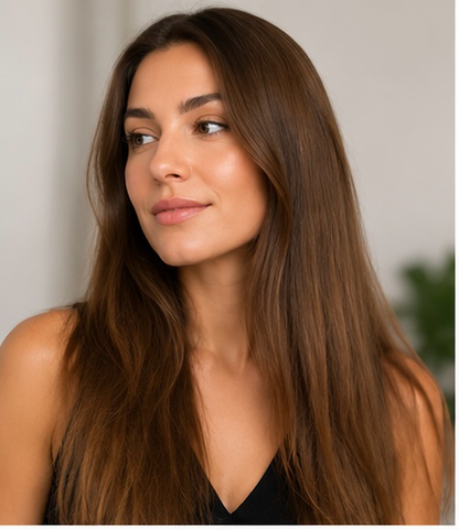 Model with straight hair before using the Lumixa automatic curler