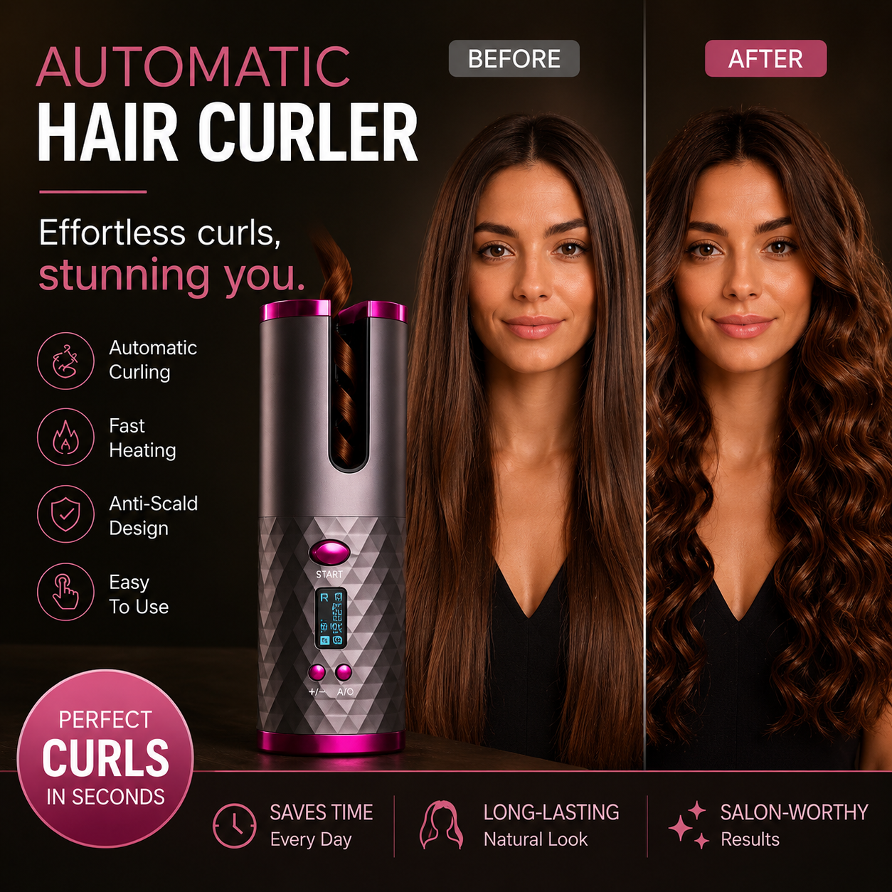 Before and after results of the Lumixa automatic hair curler