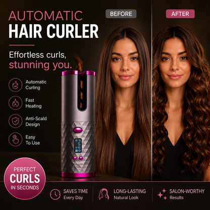 Before and after results of the Lumixa automatic hair curler